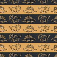 Seamless striped pattern with hand-drawn dinosaurs including triceratops and stegosaurus in outline style on alternating mustard yellow and black backgrounds © Mariana
