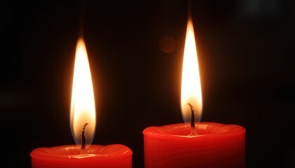 Two burning red candles illuminate a dark background, showcasing warm light and a sense of peace.