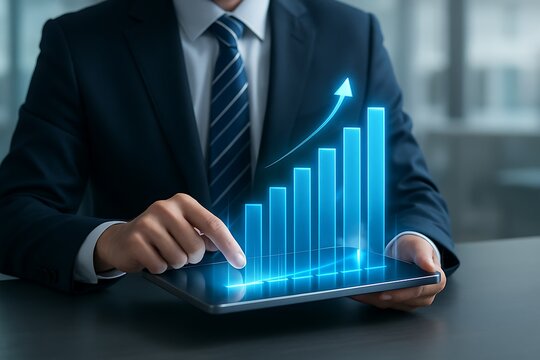 Professional businessman holding tablet with digital financial growth bar chart hologram showing rising graph analysis statistics revenue corporate success investment results idea economics