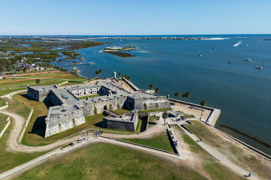 Aerial view of Castillo de San Marcos fort in St. Augustine, Florida with the St. Augustine inlet and Matanzas River in the background