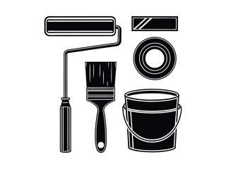Black and white vector bundle of painting tools with paint roller, brush, bucket, scraper, and masking tape for decorating or renovation