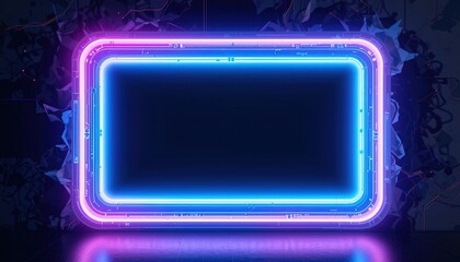 A vibrant neon-lit rectangle frame, showcasing a dark backdrop, set against a chaotic, fragmented surface, creating a futuristic and captivating visual.
