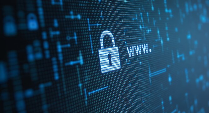 Website Security Padlock Icon on Digital Binary Code Background