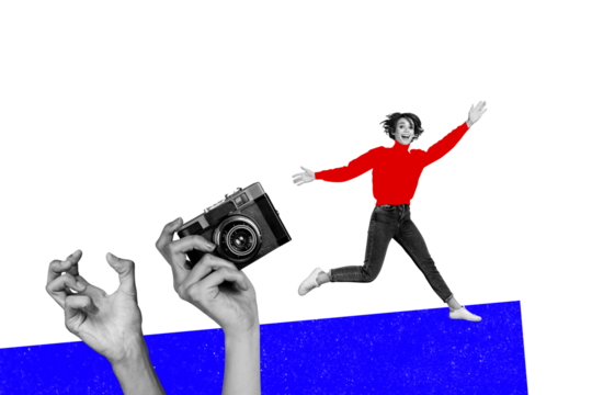 Composite photo collage of happy girl run camera paparazzi shooting social media content capture shoot isolated on painted background