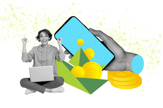 Creative trend collage of funny female bitcoin earn money currency golden coins online trading device weird freak bizarre unusual fantasy