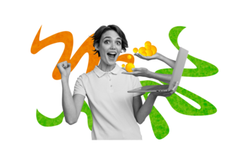 Composite photo collage of happy businesswoman freelance worker hold macbook device receive dollar coin isolated on painted background