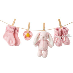 Tiny knitted pastel pink baby socks, soft pacifier with yellow nipple, plush bunny, delicate booties on wooden clothesline, white background, newborn essentials concept.