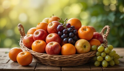 A vibrant assortment of fresh fruits, including apples, oranges, and grapes, rests in a woven basket, set on a rustic wooden table, creating a cheerful and healthy scene.