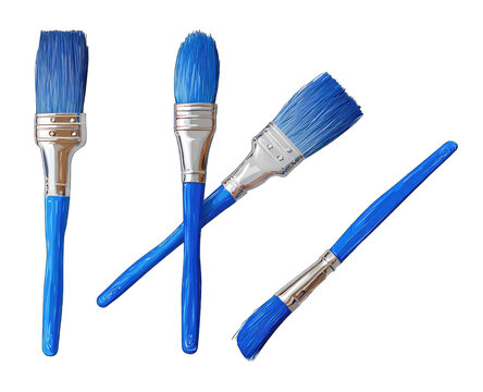 Four blue paintbrushes of varying shapes, with silver metal ferrule, arranged diagonally