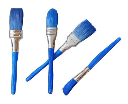 Four blue paintbrushes of varying shapes, with silver metal ferrule, arranged diagonally