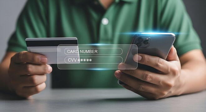 A man is using a smartphone and a credit card to make an online payment, entering his card number and cvv code into a virtual form for a secure and convenient transaction