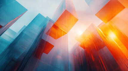 abstract architectural composition features dynamic, angular structures bathed in soft pastel shades of orange and blue