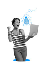 Obraz na płótnie Canvas Vertical photo collage of happy girl programmer hold laptop light bulb idea php cyberspace strategy isolated on painted background