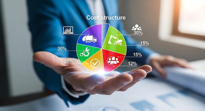 A businessman presents a cost structure pie chart, showcasing different components like labor, materials, overhead, and profit, illustrating financial planning and resource allocation in business