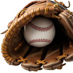 Close up of a baseball resting inside a worn leather baseball glove isolated on transparent background