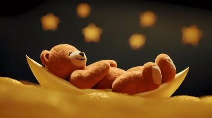 夜空の星の下で月の上でリラックスするテディベア