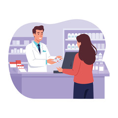 Vector art of pharmacist handing medication to customer at pharmacy counter with shelves of medicine in background