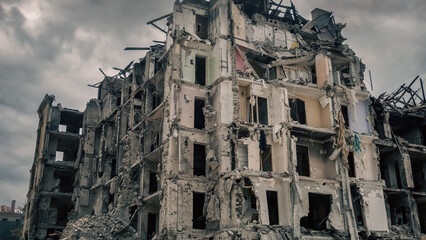 ruined street and destroyed houses the city Kiev war in Ukraine