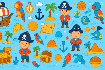Seamless ocean pirate cartoon pattern for kids with ships, parrots, and treasure chests in bold adventurous colors for design. Generative AI