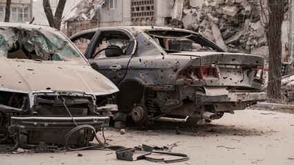 ruined street and destroyed houses the city Kiev war in Ukraine