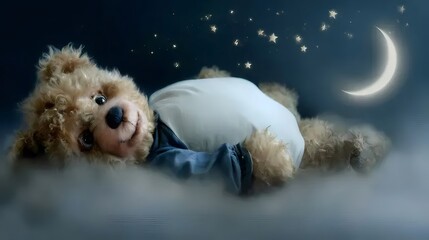 ぬいぐるみ熊が雲の上で眠る 夜空 月