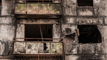 ruined street and destroyed houses the city Kiev war in Ukraine