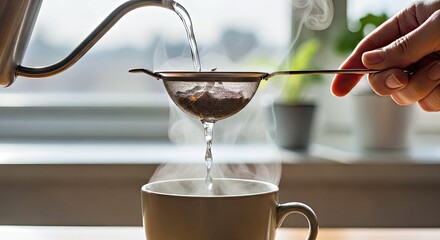 Pouring Steaming Hot Water Over a Tea Strainer into a Cup
