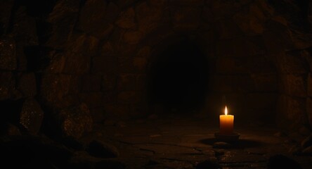 A single candle burning brightly in a dark stone structure, creating a mysterious and atmospheric scene.