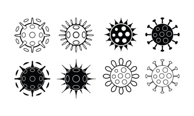 Black and white illustration of various virus and bacteria shapes and forms silhouette