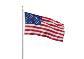 A pristine american flag with red and white stripes, blue canton, white stars, on a white pole, gently billowing against a transparent studio background with copy space, concept of national pride