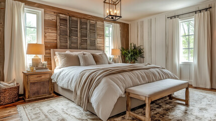 Fototapeta premium Cozy farmhouse bedroom with plush area rug, wooden vintage window