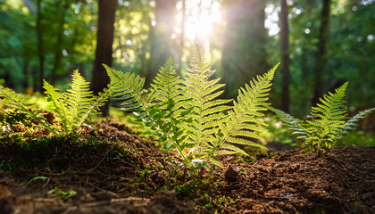 Obraz premium Fresh Green Fern Leaves Growing From Rich Soil In Forest Illuminated By Soft Sunlight Symbolizing New Life Hope And Natural Beauty In Peaceful Woodland Environment