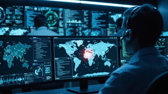 Global cyber security monitoring center with analyst tracking digital threats on world map screens and advanced technology systems