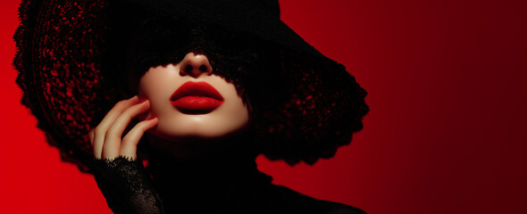 Mysterious woman in elegant black hat with lace, striking red lips, set against a vibrant red backdrop, exuding intrigue and allure in a captivating fashion composition