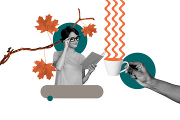 Trend collage of monochrome autumn fallen leaves season outdoors nature young lady student read book smile hand hold coffee cup beverage