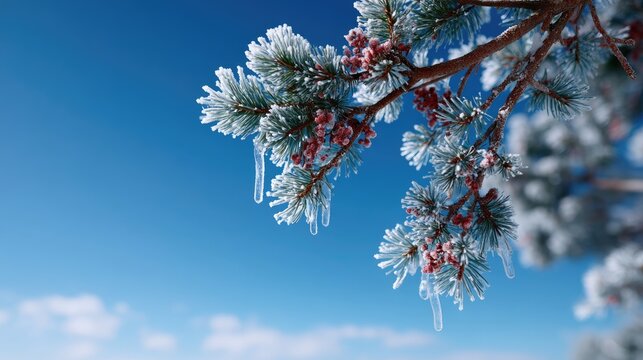 Frosted Pine Branch with Red Berries Against a Blue Sky in Winter Season with Ice Crystals and Sparkling Frost - Powered by Adobe