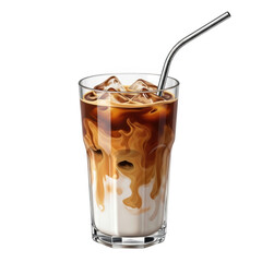 Refreshing iced coffee with cream and ice in a tall glass isolated on transparent background
