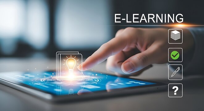 A person using a tablet with elearning icons, representing online education, digital courses, and virtual classrooms for skill development and knowledge acquisition