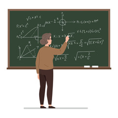 Vector art of a female teacher or professor writing mathematical formulas and equations on a green chalkboard