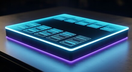 Illuminated data processing interface, futuristic design on reflective surface