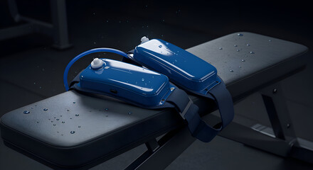 Waterproof Hydration Packs for Athletes on a Gym Bench. Two sleek, modern, water-resistant hydration packs rest on a gym bench, positioned for easy access during exercise.