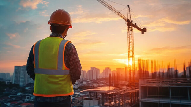 Construction worker in safety vest observing a building site at sunrise