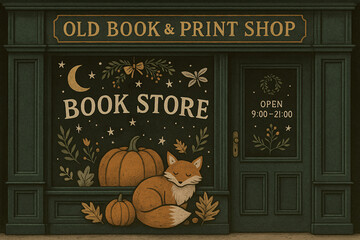 Cozy vintage bookshop storefront with autumn fox and pumpkins
