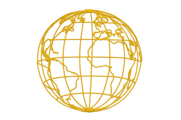 Yellow wireframe globe network representing global communication and international connection on transparent background