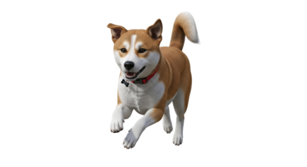 Isolated Shiba Inu dog running with a red collar with bone tag on a plain background