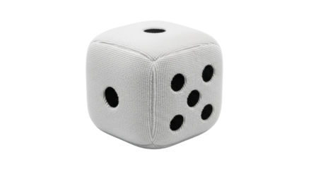 Isolated square die, soft cushion with black spots, for board games and interior design ideas