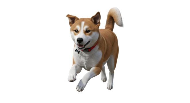 Isolated Shiba Inu dog running with a red collar with bone tag on a plain background