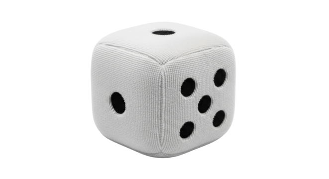 Isolated square die, soft cushion with black spots, for board games and interior design ideas