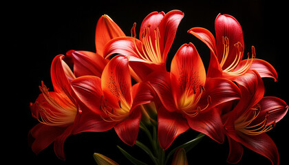 Obraz premium Intense Red Flame Lily Blossom Close Up Against Stark Black Background Nature Photography Floral