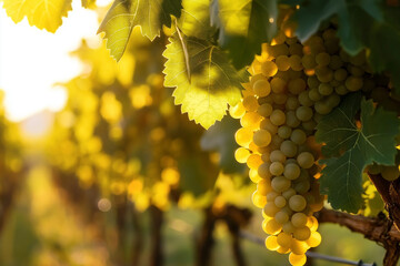 Fototapeta premium Golden grapes on vine in sunlit vineyard